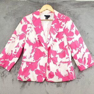 Womens Pink Floral Blazer Jacket Size L 3/4 Sleeve Resort Tropical Beach Easter